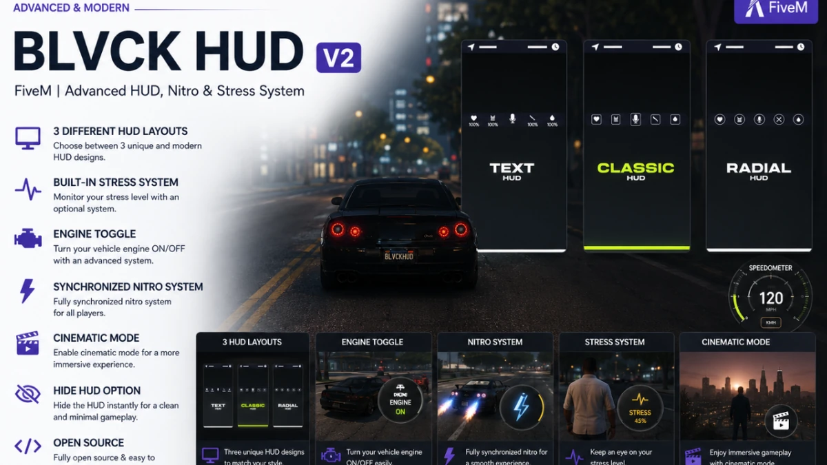 BLVCK HUD V2 FiveM | Advanced HUD, Nitro & Stress System | Open Source